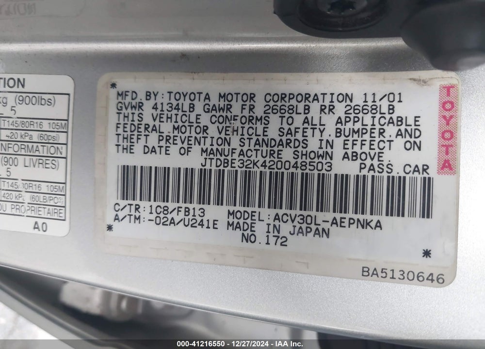 2002 TOYOTA CAMRY LE VIN: JTDBE32K420048503