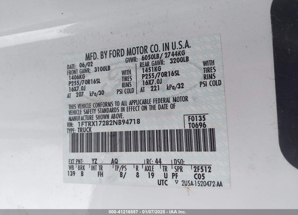 2002 FORD F-150 XL/XLT VIN: 1FTRX17282NB94718