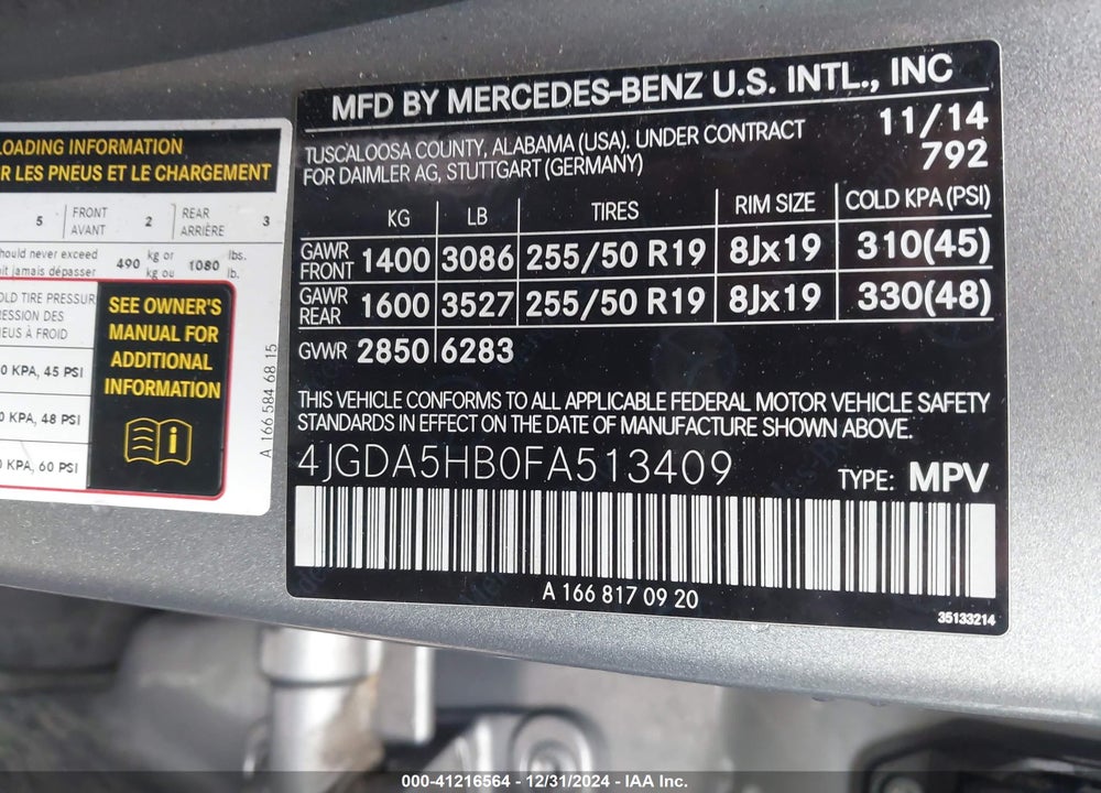 2015 MERCEDES-BENZ ML 350 4MATIC VIN: 4JGDA5HB0FA513409