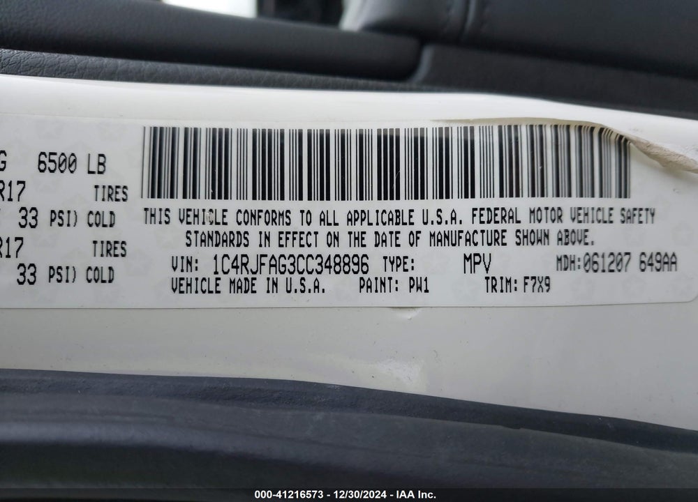 2012 JEEP GRAND CHEROKEE LAREDO VIN: 1C4RJFAG3CC348896