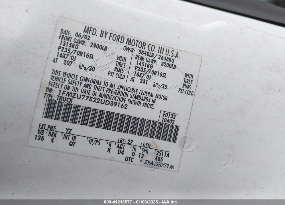2002 FORD EXPLORER SPORT TRAC VIN: 1FMZU77E22UD39162
