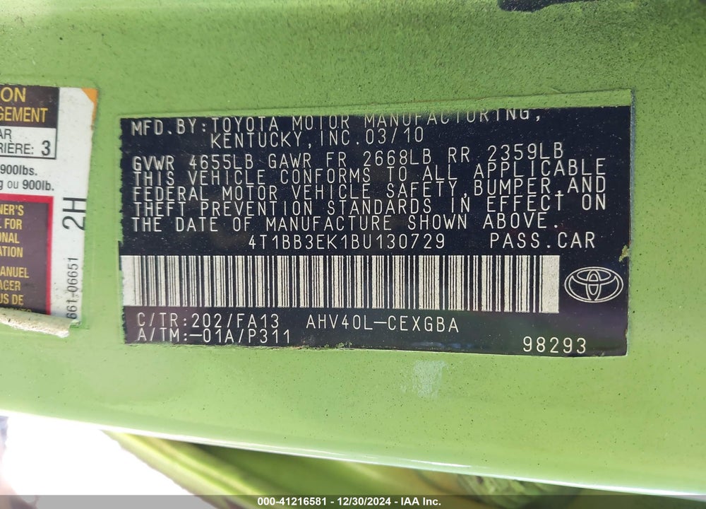 2011 TOYOTA CAMRY HYBRID VIN: 4T1BB3EK1BU130729