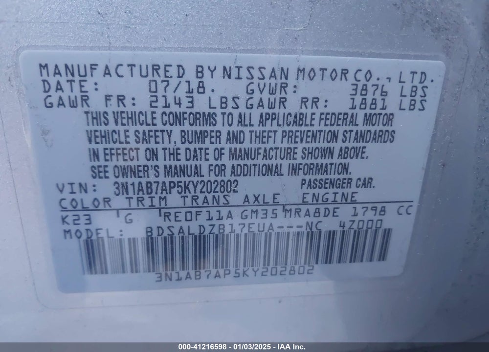 2019 NISSAN SENTRA SV VIN: 3N1AB7AP5KY202802