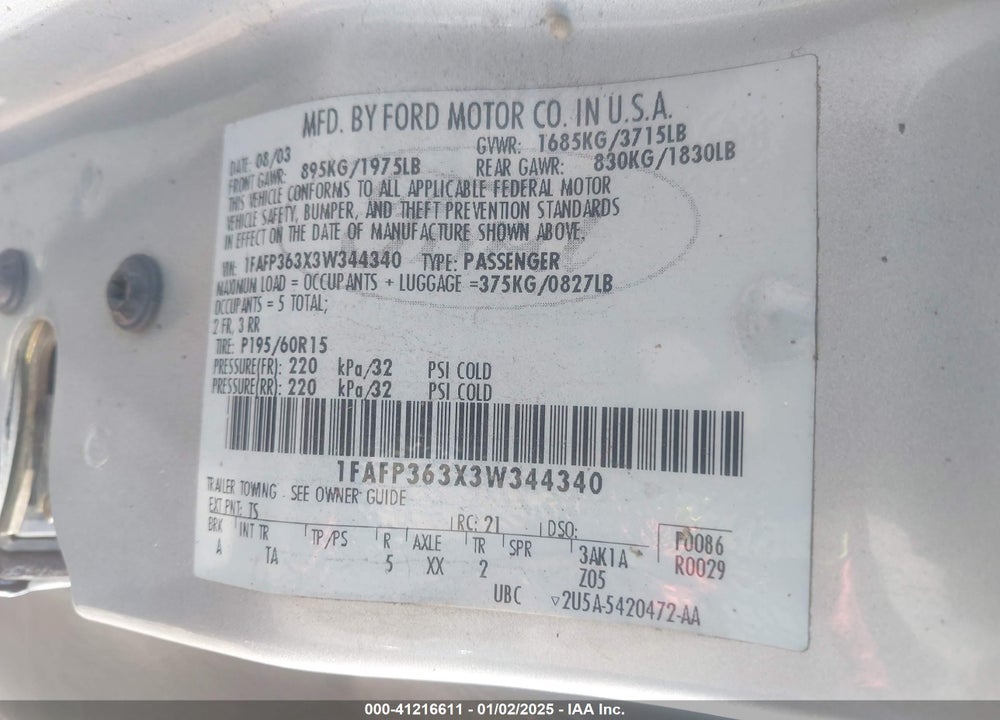 2003 FORD FOCUS SE/ZTW VIN: 1FAFP363X3W344340
