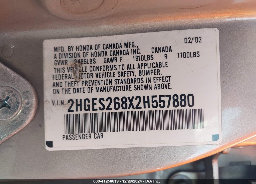 2002 HONDA CIVIC EX VIN: 2HGES268X2H557880