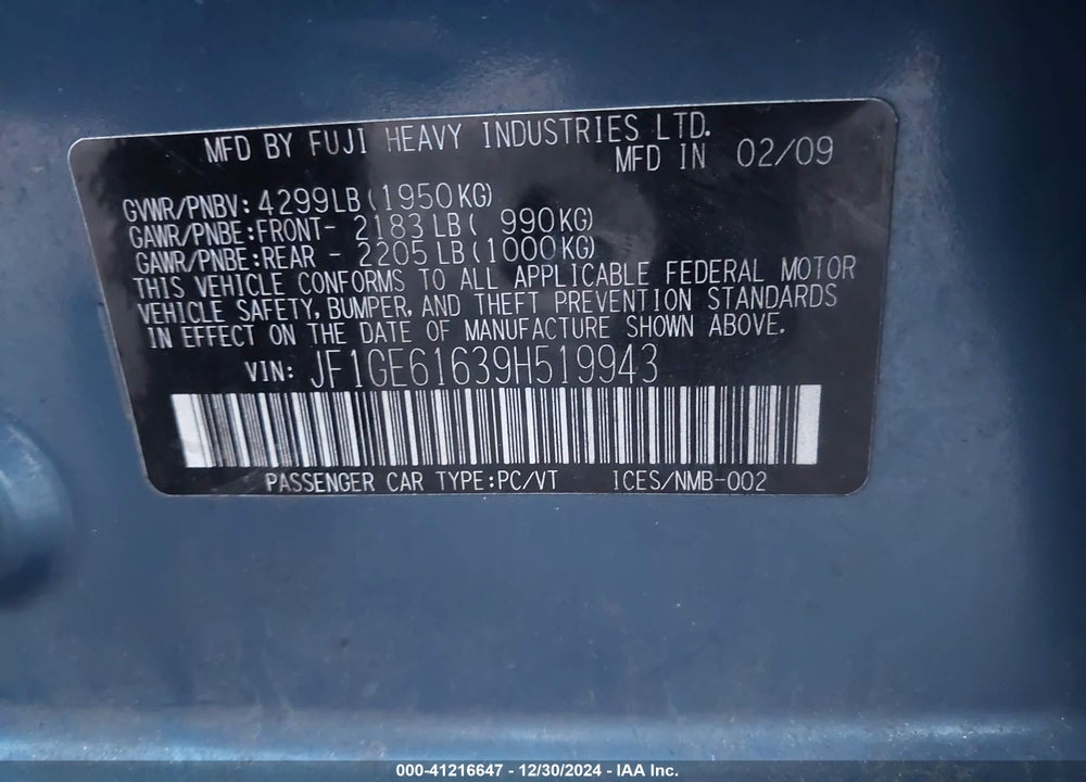 2009 SUBARU IMPREZA 2.5I VIN: JF1GE61639H519943