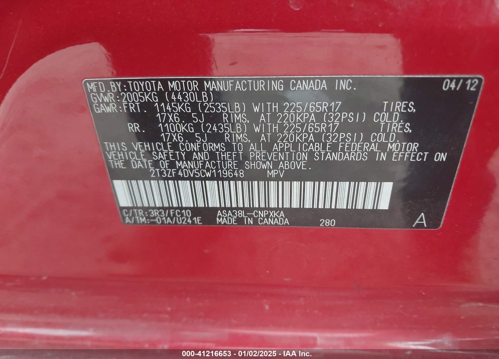 2012 TOYOTA RAV4 VIN: 2T3ZF4DV5CW119648