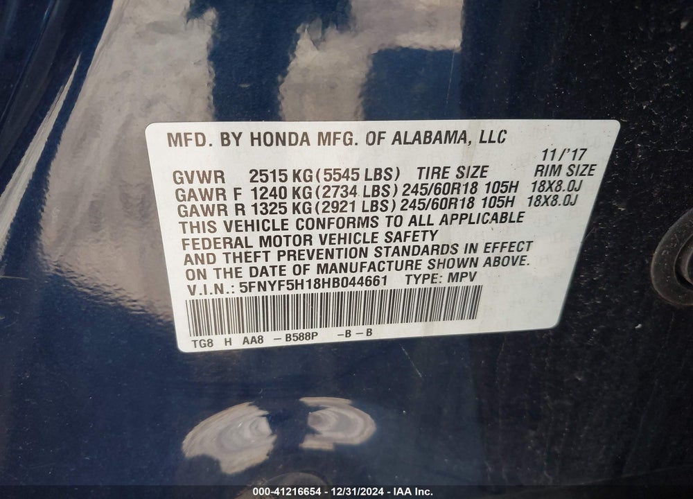 2017 HONDA PILOT LX VIN: 5FNYF5H18HB044661