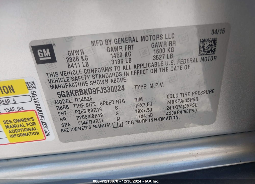 2015 BUICK ENCLAVE LEATHER VIN: 5GAKRBKD9FJ330024