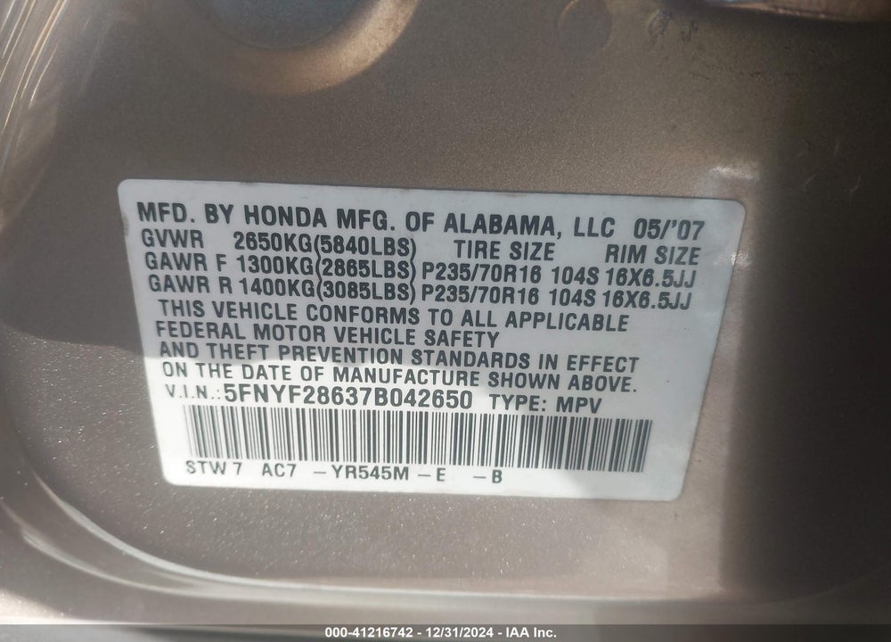 2007 HONDA PILOT EXL VIN: 5FNYF28637B042650