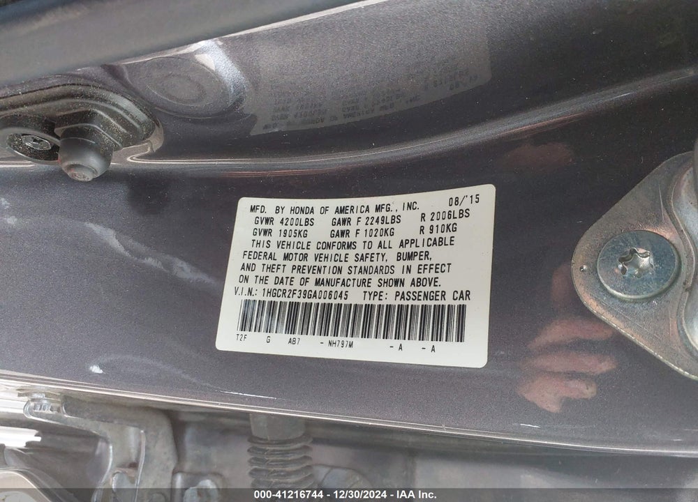 2016 HONDA ACCORD VIN: 1HGCR2F39GA006045