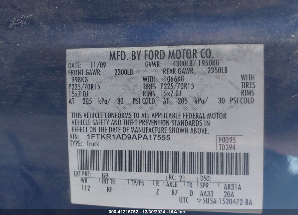 2010 FORD RANGER VIN: 1FTKR1AD9APA17555