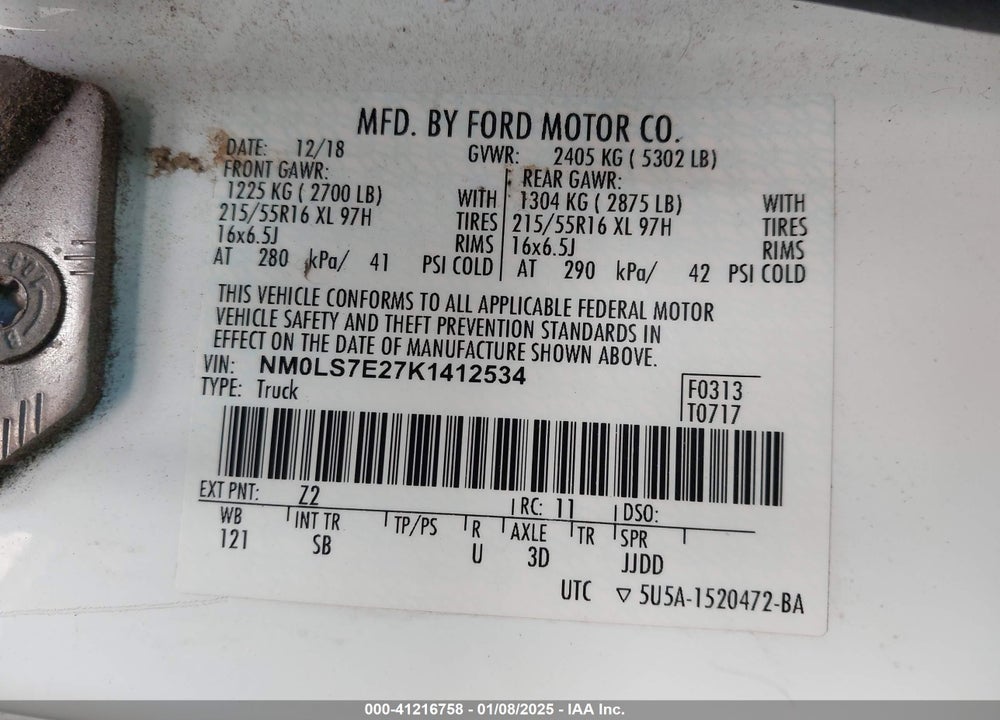 2019 FORD TRANSIT CONNECT XL VIN: NM0LS7E27K1412534
