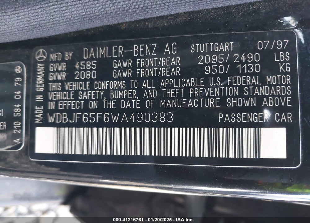 1998 MERCEDES-BENZ E 320 VIN: WDBJF65F6WA490383