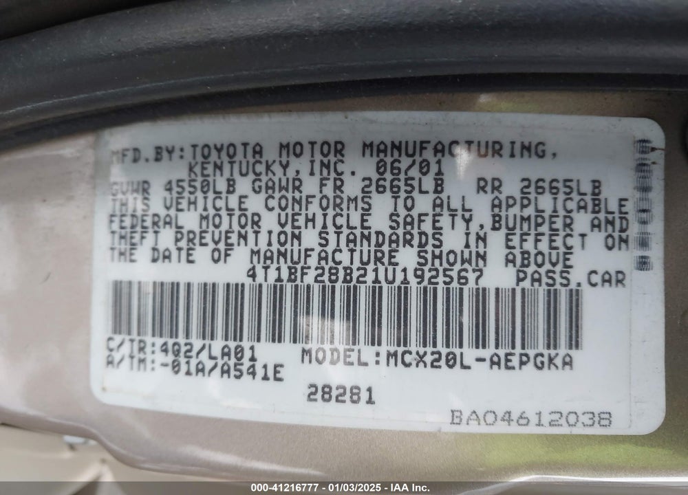 2001 TOYOTA AVALON XL/XLS VIN: 4T1BF28B21U192567