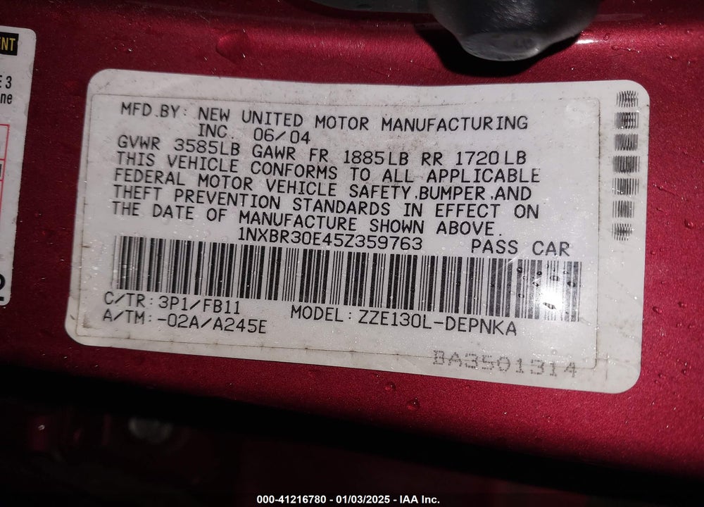 2005 TOYOTA COROLLA LE VIN: 1NXBR30E45Z359763