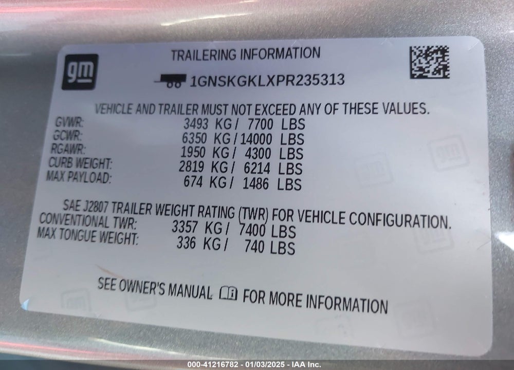 2023 CHEVROLET SUBURBAN 4WD HIGH COUNTRY VIN: 1GNSKGKLXPR235313