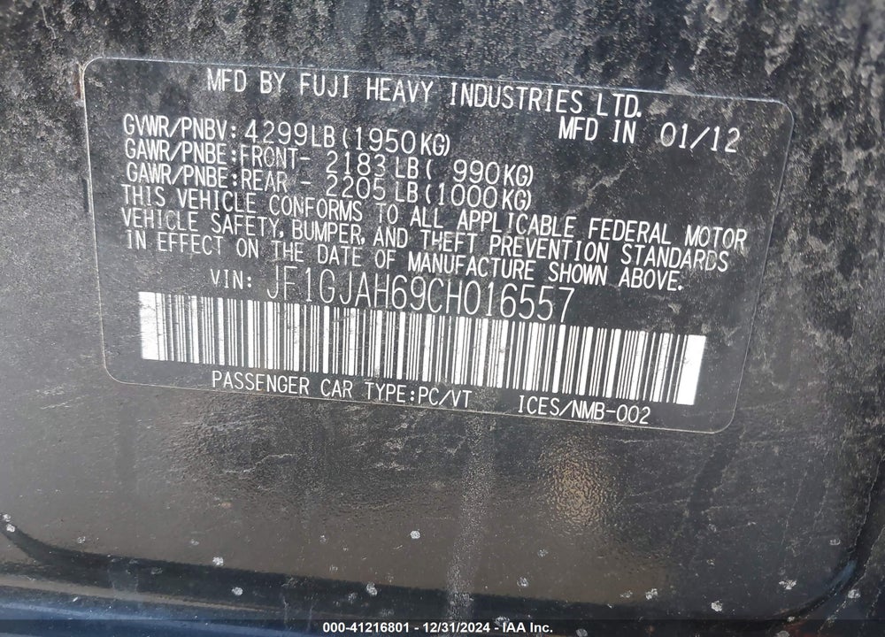 2012 SUBARU IMPREZA VIN: JF1GJAH69CH016557
