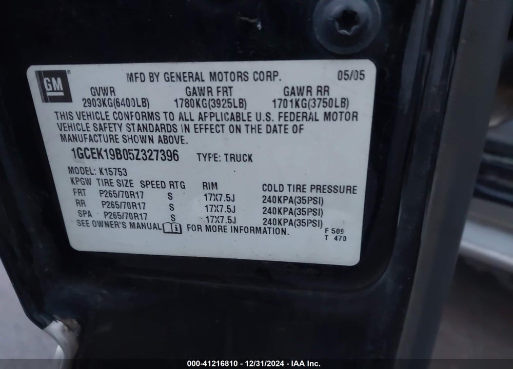 2005 CHEVROLET SILVERADO K1500 VIN: 1GCEK19B05Z327396