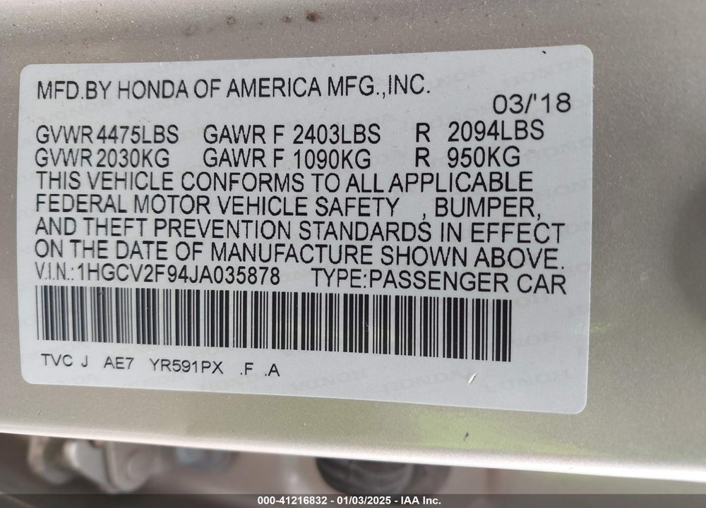 2018 HONDA ACCORD TOURING 2.0T VIN: 1HGCV2F94JA035878