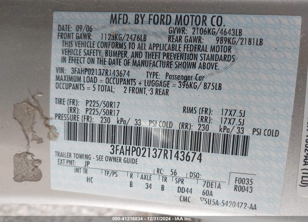 2007 FORD FUSION SEL VIN: 3FAHP02137R143674