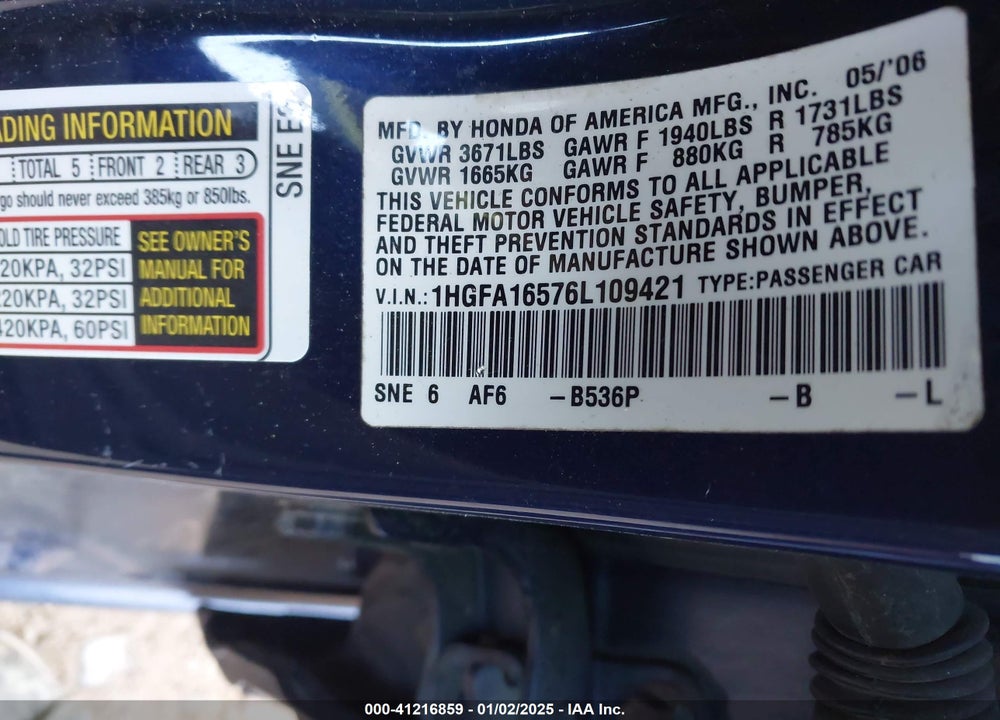 2006 HONDA CIVIC LX VIN: 1HGFA16576L109421