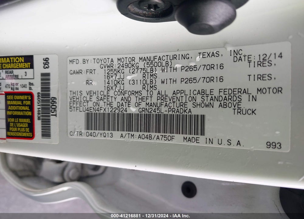 2015 TOYOTA TACOMA VIN: 5TFLU4EN4FX122924