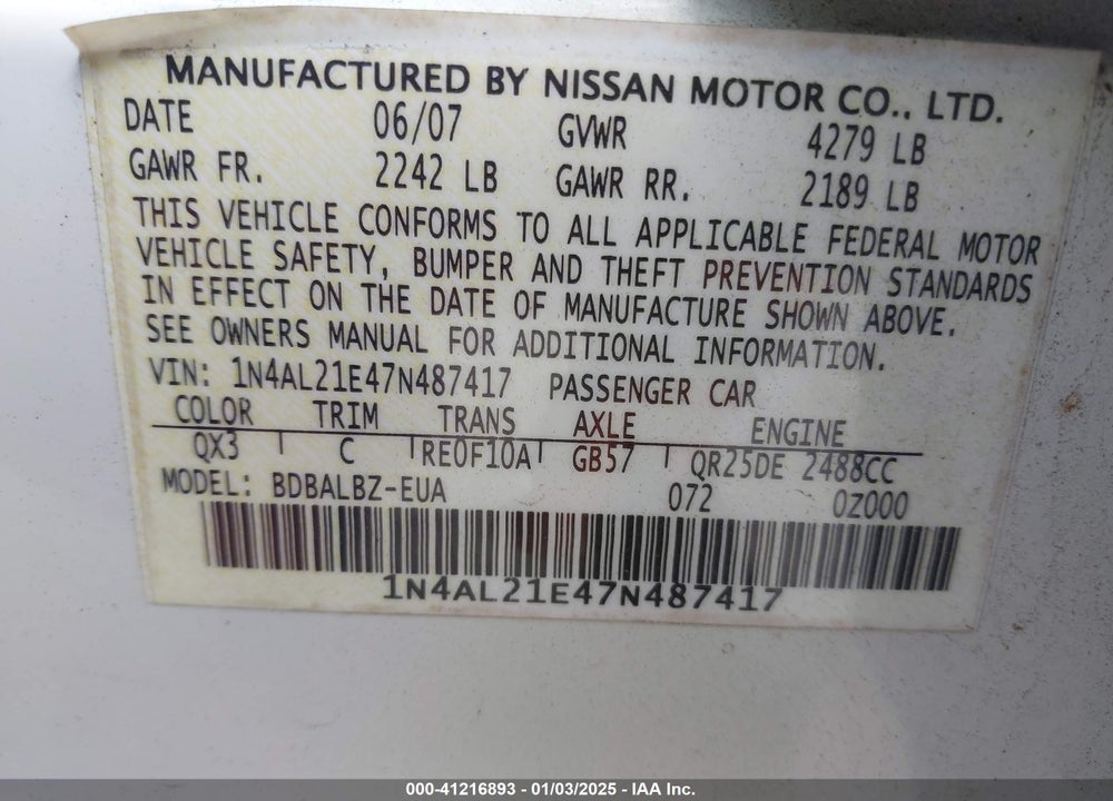 2007 NISSAN ALTIMA 2.5 S VIN: 1N4AL21E47N487417