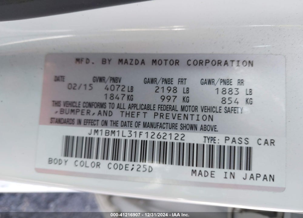 2015 MAZDA 3 S TOURING VIN: JM1BM1L31F1262122