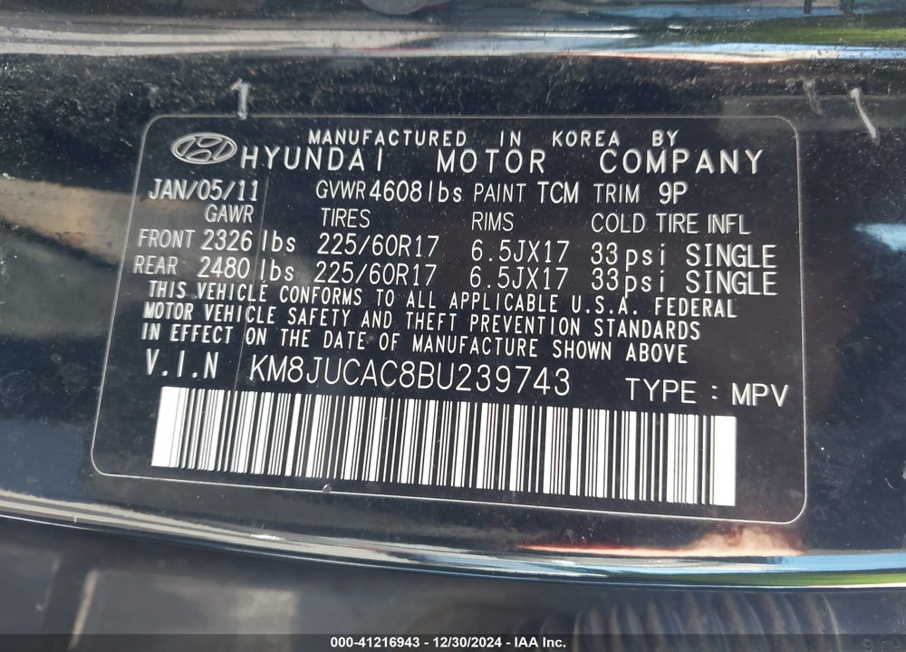 2011 HYUNDAI TUCSON VIN: KM8JUCAC8BU239743