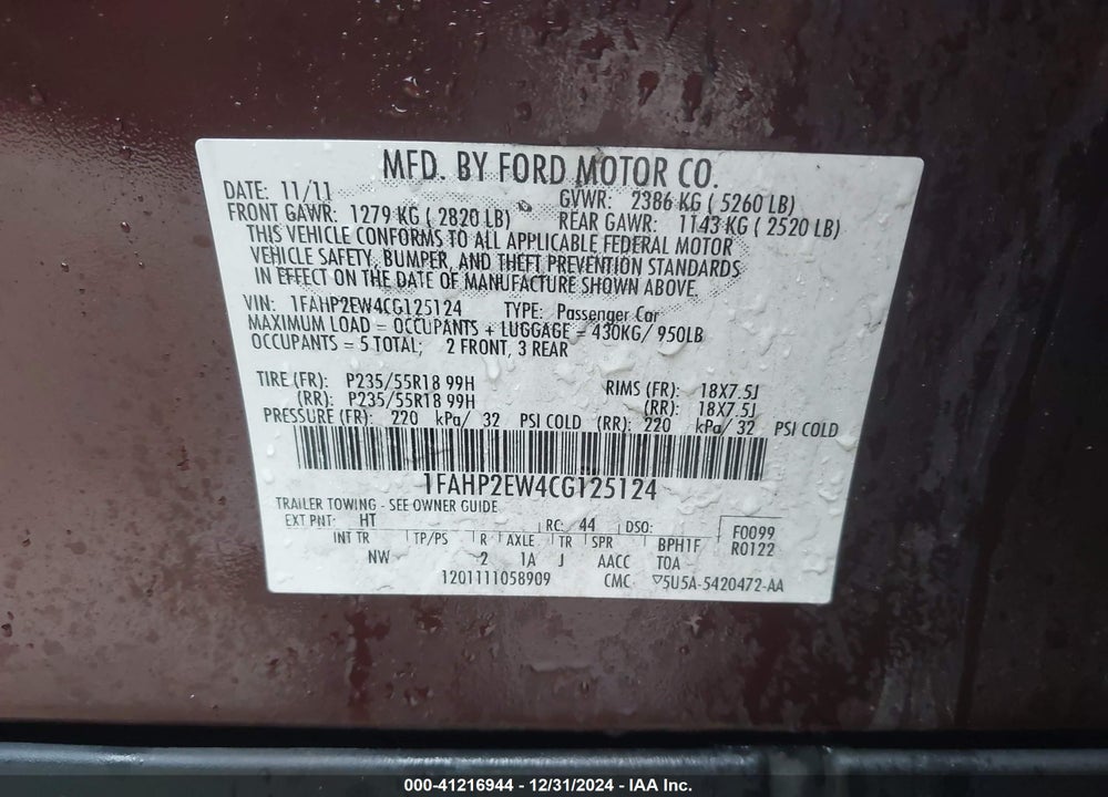 2012 FORD TAURUS SEL VIN: 1FAHP2EW4CG125124