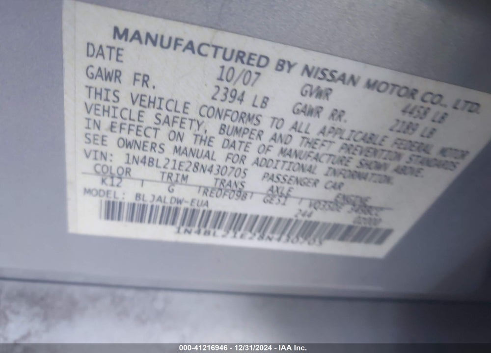 2008 NISSAN ALTIMA 3.5 SE VIN: 1N4BL21E28N430705