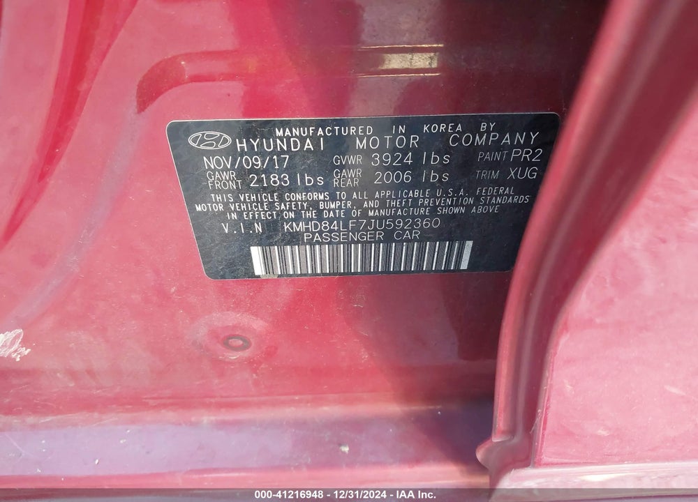2018 HYUNDAI ELANTRA VIN: KMHD84LF7JU592360