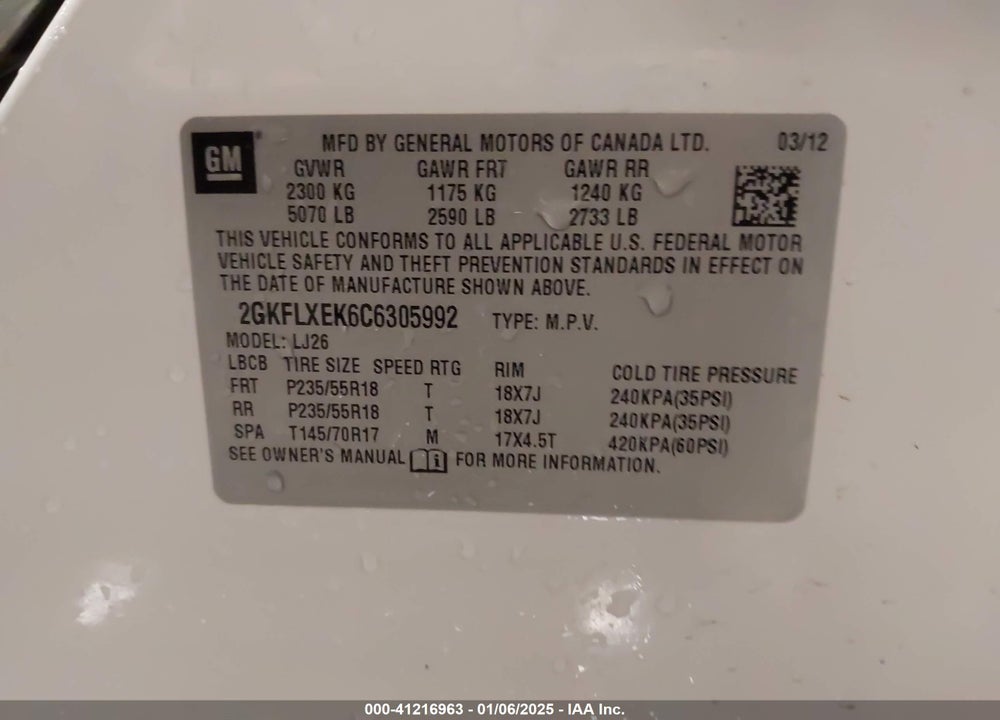 2012 GMC TERRAIN SLT-2 VIN: 2GKFLXEK6C6305992