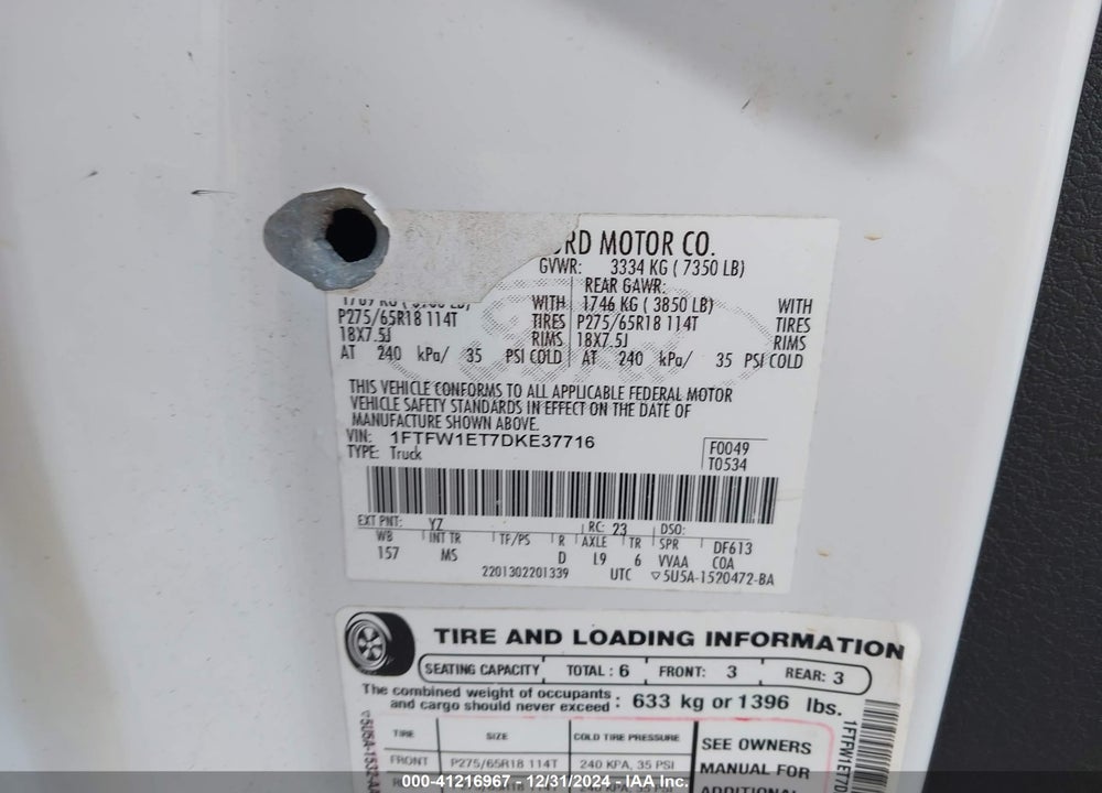 2013 FORD F-150 VIN: 1FTFW1ET7DKE37716