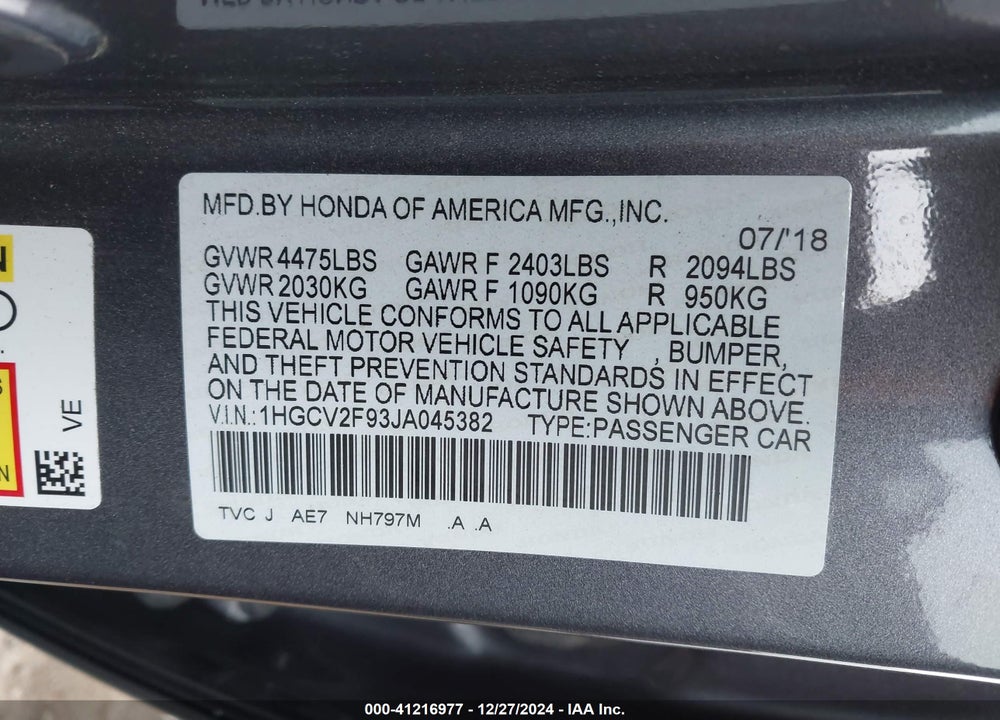 2018 HONDA ACCORD TOURING 2.0T VIN: 1HGCV2F93JA045382