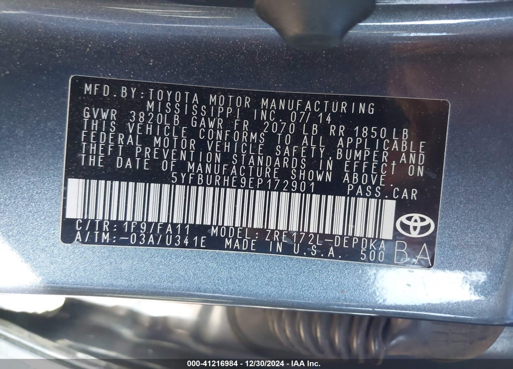 2014 TOYOTA COROLLA L VIN: 5YFBURHE9EP172901