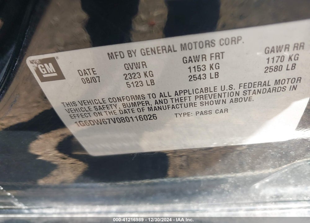 2008 CADILLAC STS VIN: 1G6DW67V080116026