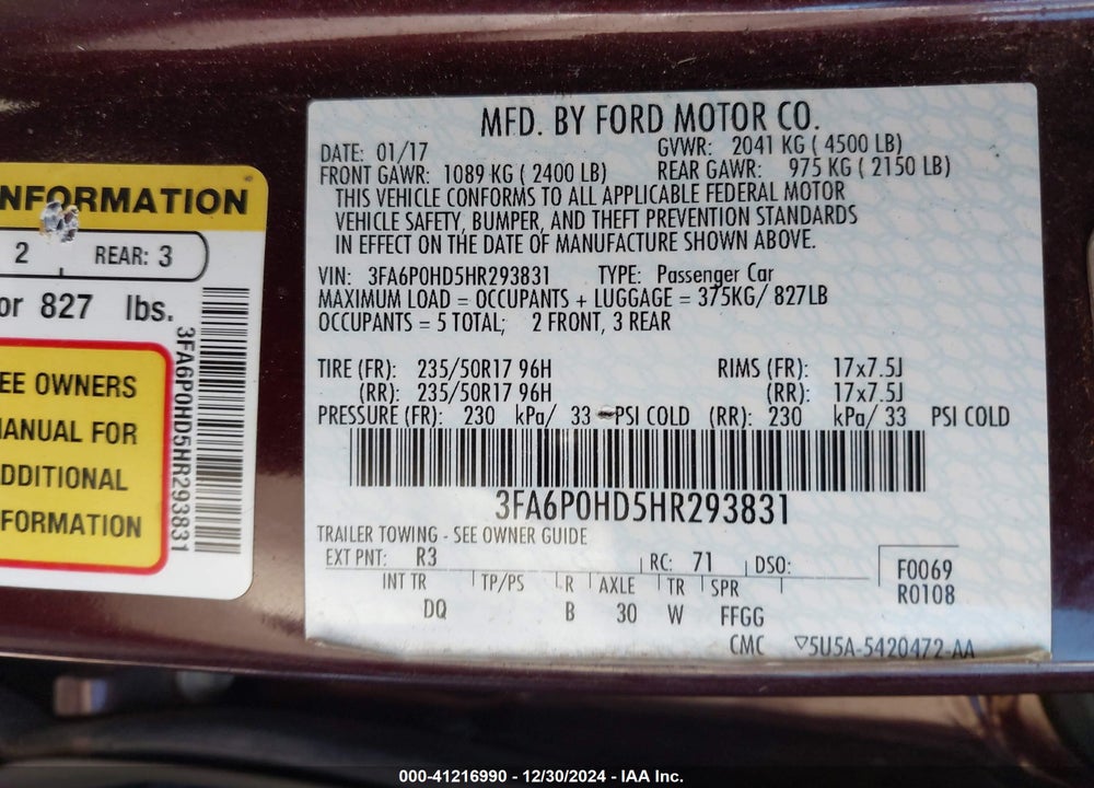 2017 FORD FUSION SE VIN: 3FA6P0HD5HR293831