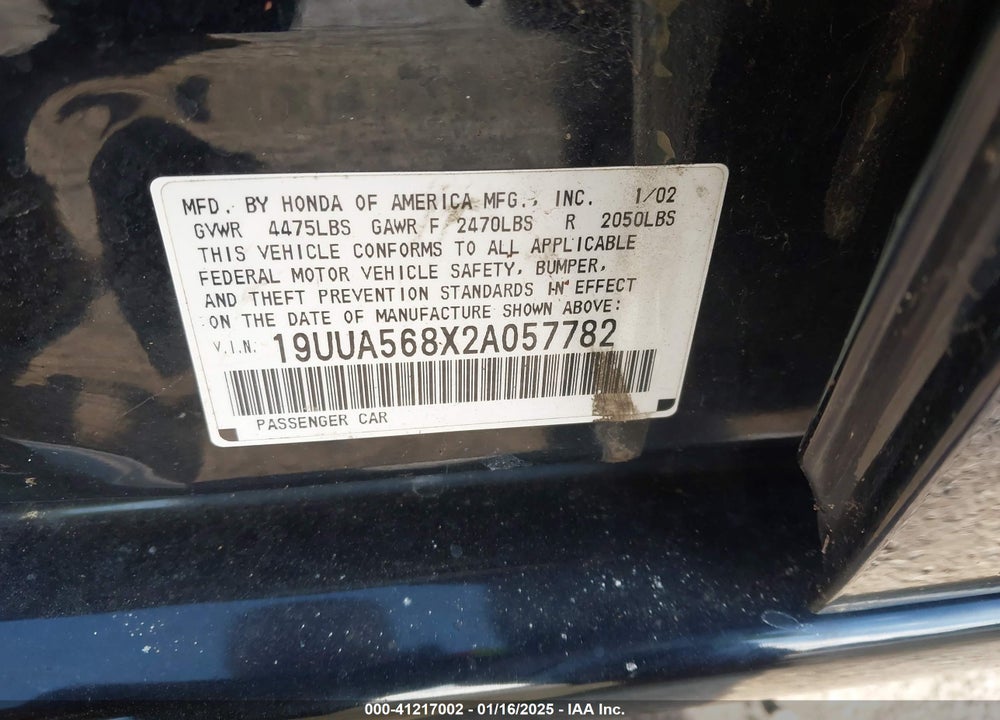 2002 ACURA TL 3.2 TYPE S VIN: 19UUA568X2A057782