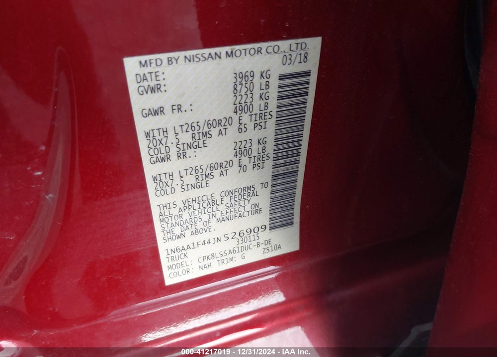 2018 NISSAN TITAN XD SV GAS VIN: 1N6AA1F44JN526909