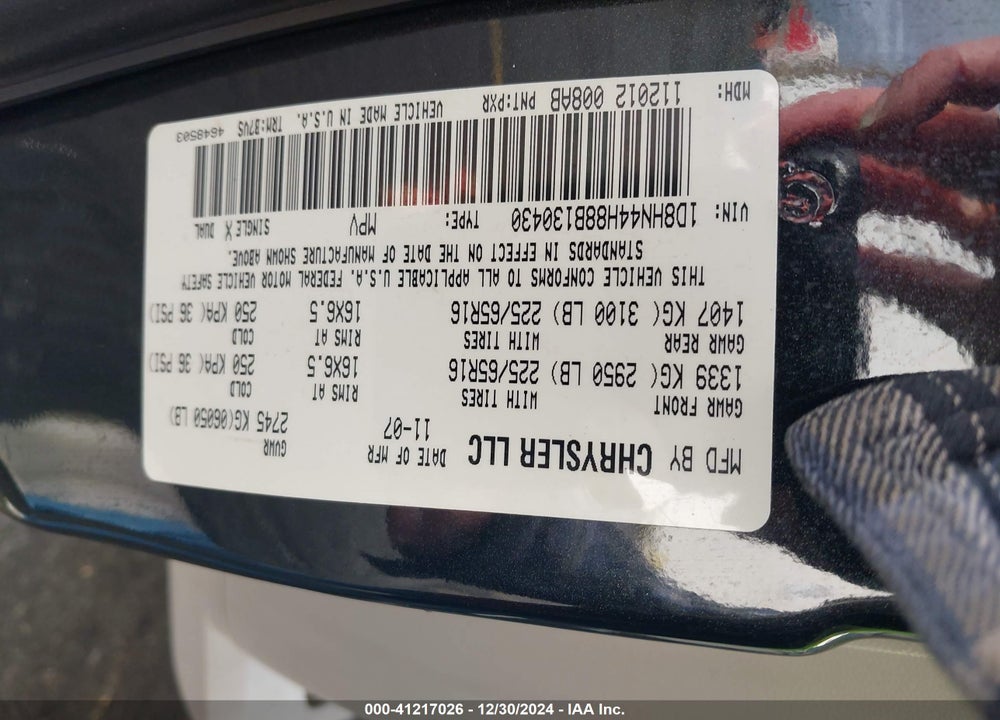 2008 DODGE GRAND CARAVAN SE VIN: 1D8HN44H88B130430