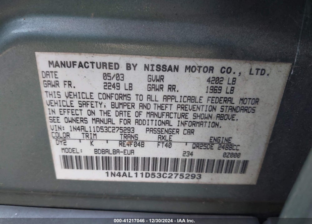2003 NISSAN ALTIMA S VIN: 1N4AL11D53C275293