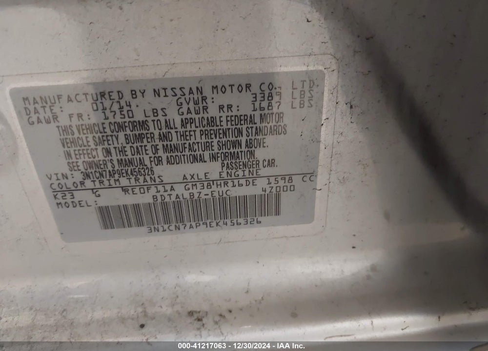 2014 NISSAN VERSA 1.6 SV VIN: 3N1CN7AP9EK456326