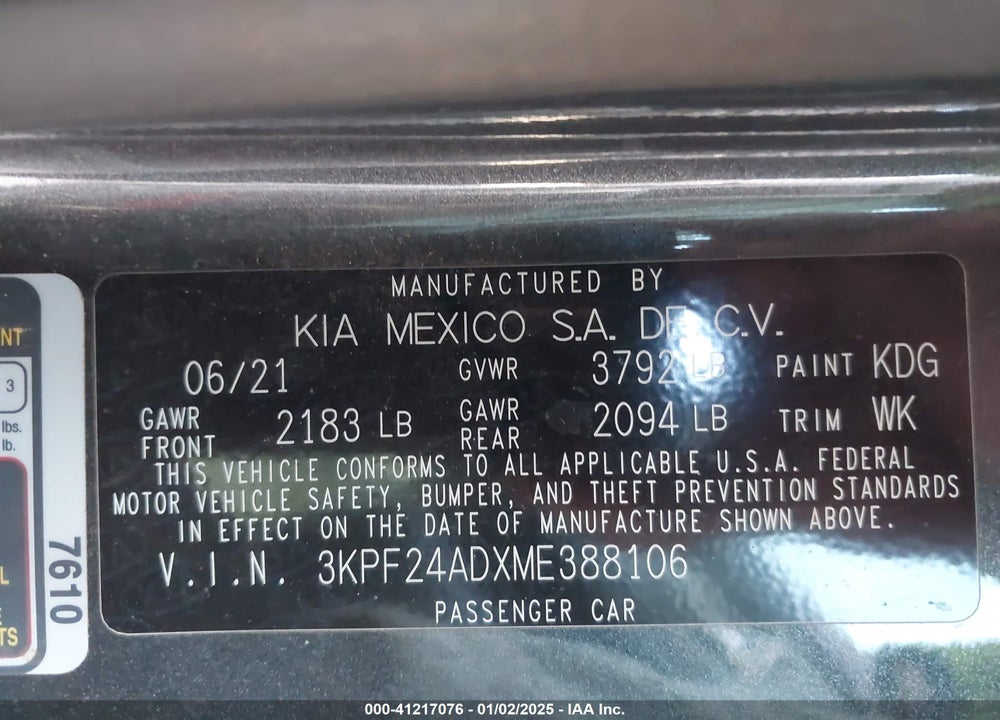 2021 KIA FORTE VIN: 3KPF24ADXME388106