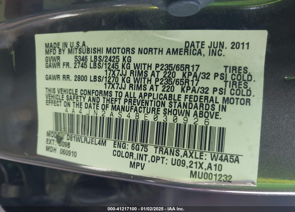 2011 MITSUBISHI ENDEAVOR VIN: 4A4JN2AS4BE030926