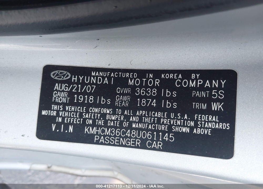 2008 HYUNDAI ACCENT GS VIN: KMHCM36C48U061145