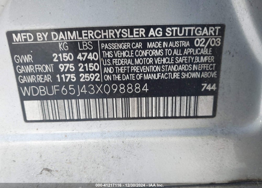 2003 MERCEDES-BENZ E 320 VIN: WDBUF65J43X098884