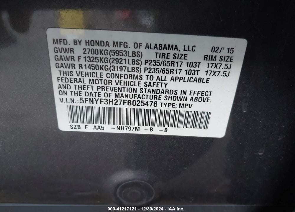 2015 HONDA PILOT LX VIN: 5FNYF3H27FB025478