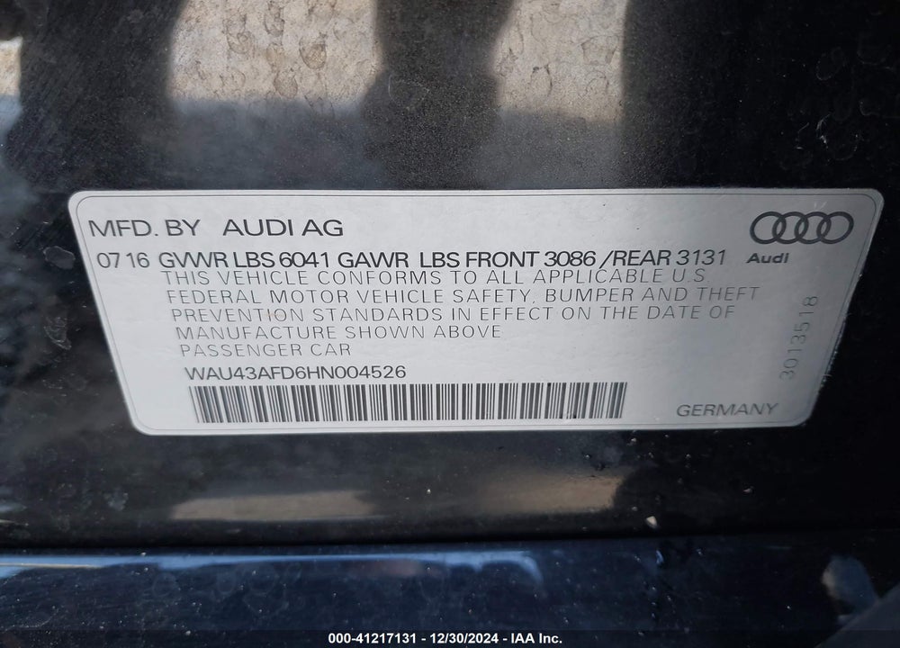 2017 AUDI A8 L SPORT VIN: WAU43AFD6HN004526